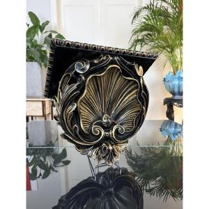 Console d'applique Napoléon III - Bois sculpté noirci - Décor Baroque Coquille Feuilles Acanthe
