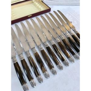 Art Deco Knives - Bovine Horn And Silver-plated Metal Handles - Gift Box