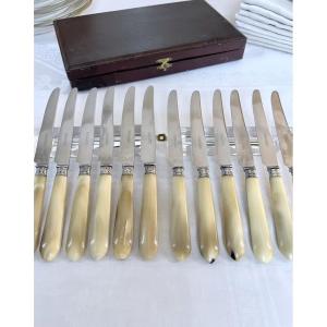 Art Deco Dessert Knives - Silver-plated Metal Bovine Horn Handles With Stainless Steel Blades 