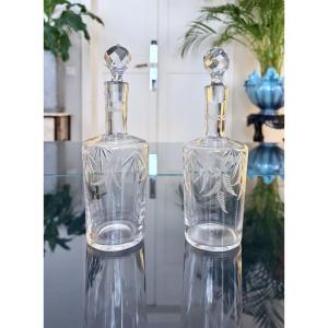 Blown-glass Oil And Vinegar Set With Foliage Design - Pair Of Cruets