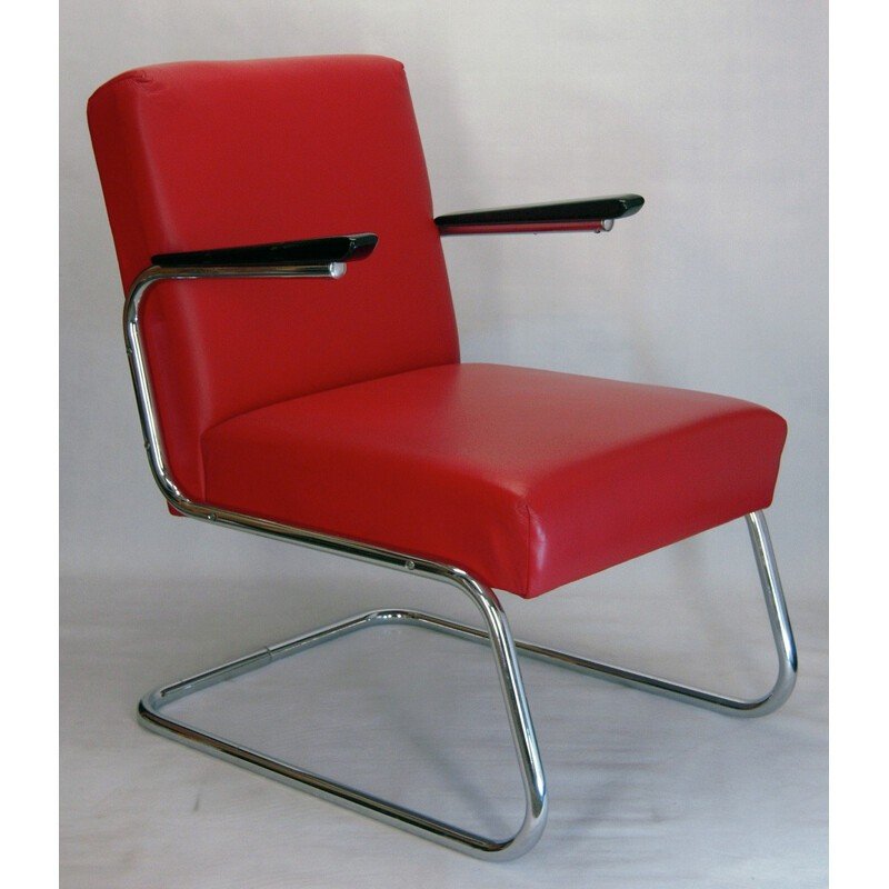 Pair Of Modernist Club Armchairs In Red Leather, Maison Drabert, 1930,-photo-4