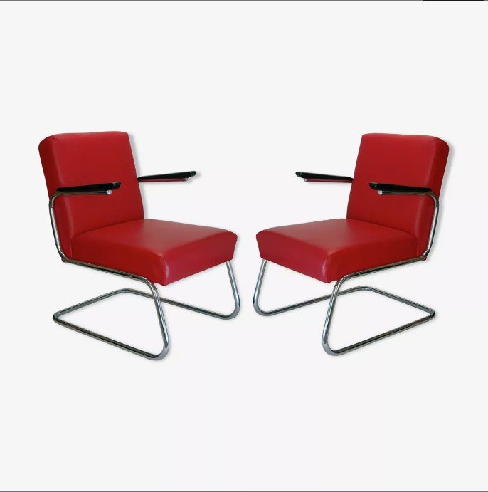 Pair Of Modernist Club Armchairs In Red Leather, Maison Drabert, 1930,