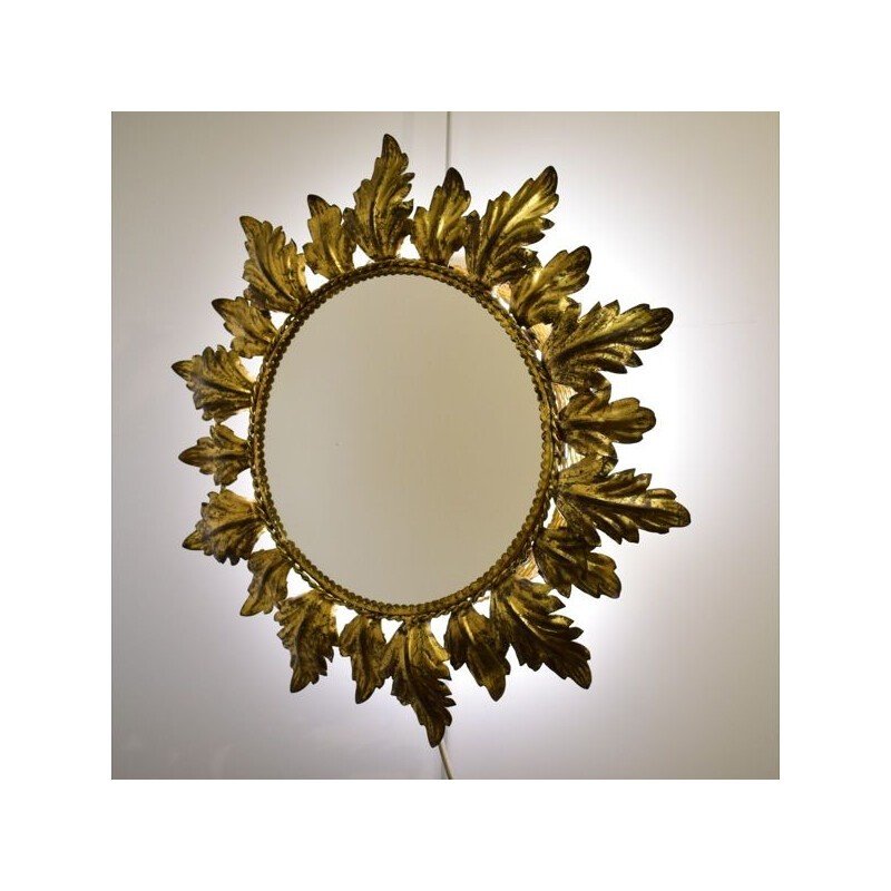 Sun Backlight Mirror, Gold Metal, Acanthus Leaf Decor-photo-2