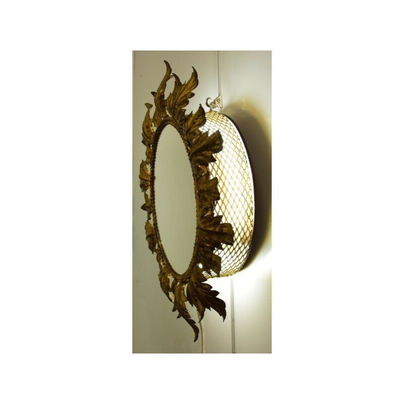 Sun Backlight Mirror, Gold Metal, Acanthus Leaf Decor-photo-3