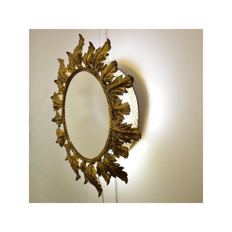 Sun Backlight Mirror, Gold Metal, Acanthus Leaf Decor-photo-4