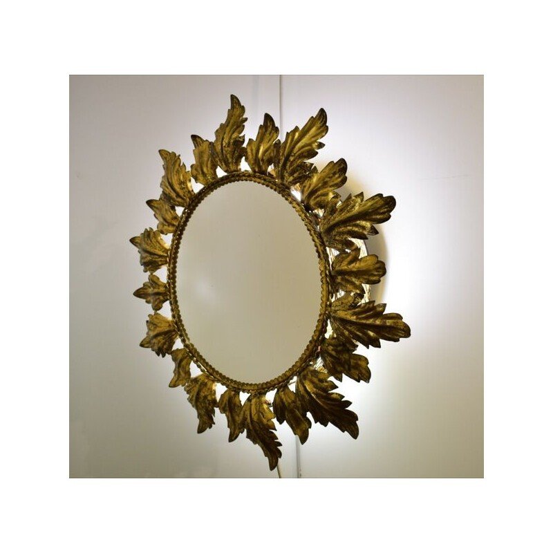 Sun Backlight Mirror, Gold Metal, Acanthus Leaf Decor-photo-2