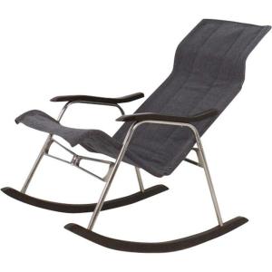 Rocking Chair By Takeshi Nii In Aluminum, Wood, Skai And Gray Fabric, Japan 1950