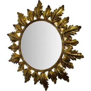 Sun Backlight Mirror, Gold Metal, Acanthus Leaf Decor