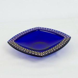 Cobalt Blue Glass Cup With Golden Relief Decor, Square, 1960