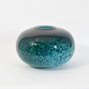 Lined Murano Glass Vase, Speckled Green, Blue, Turquoise