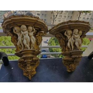 Pair Of Plaster Wall Consoles With Cherub Decor 28cm