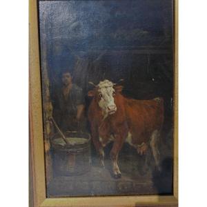 Tableau XIX ème Huile Sur Panneau Signée "la Vache Et Le Berger " Ecole Française