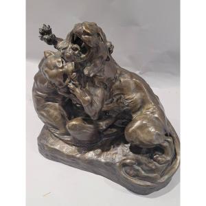 Angiolo Vannetti (1881-1962) Lionnes S'affrontant épreuve En Bronze à Patine Brune Signé 