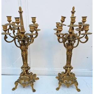 Pair Of Large French Gilt Bronze Candelabra From The 19th Century In Louis XIV Style 