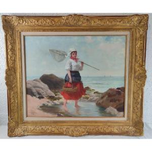 Charles Jean Auguste Escudier (1848-1923) "the Shrimp Fisherman", Oil On Canvas Signed