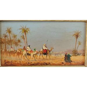 Orientalist Landscape Painting "the Caravan", Oil On Panel