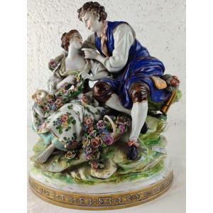 Latour: "galante Scene" Group In Polychrome Porcelain 19th Century