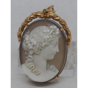 Cameo Pendant On Hard Stone, Female Profile, 18k Gold Surround