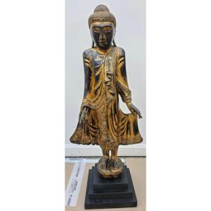 Thailand, Large Standing Buddha In Golden Lacquered Wood And Colored Glass Inlays 