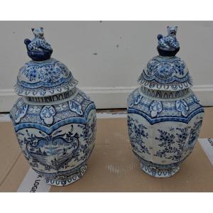 Paires Vase En Faïence De Delft – Fin XIXe Décoration Chinois 38cm
