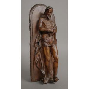 Christ Of Mercy In Carved Wood Mounted On An 18th Century Door 