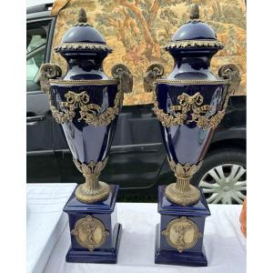 Pair Of Antique Vases In Large Blue Enameled Porcelain And Bronze Trim