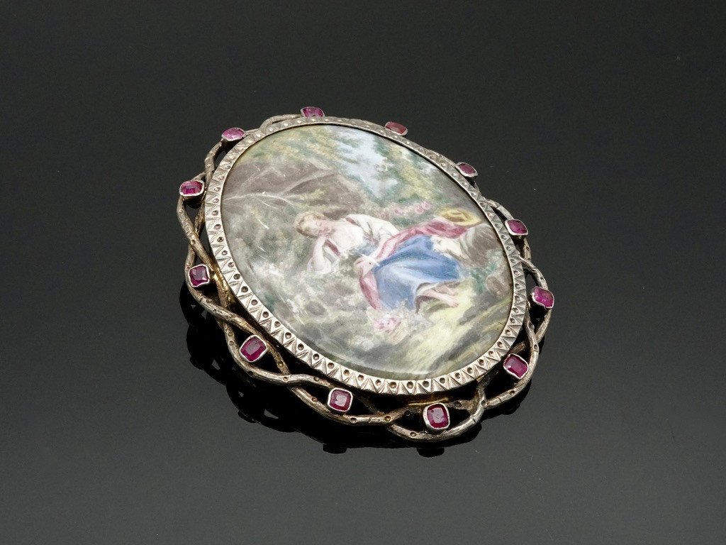 Grande Broche 19ème Siècle, Miniature En émail Sur Porcelaine, Monture Vermeil, Ornée De Rubis-photo-3