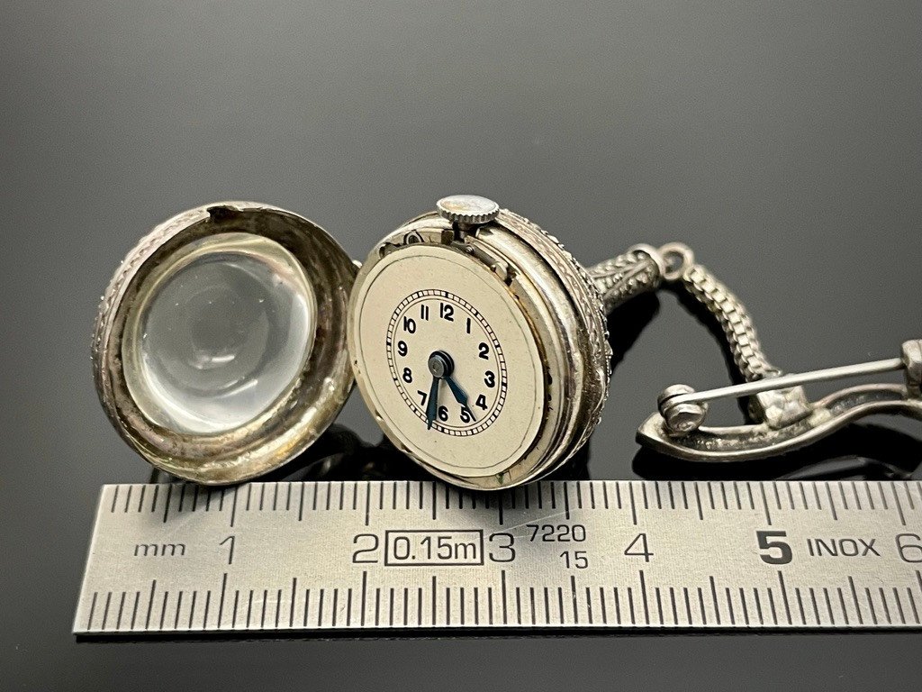 Broche Montre Boule Pendante Marcassites Et Argent-photo-7