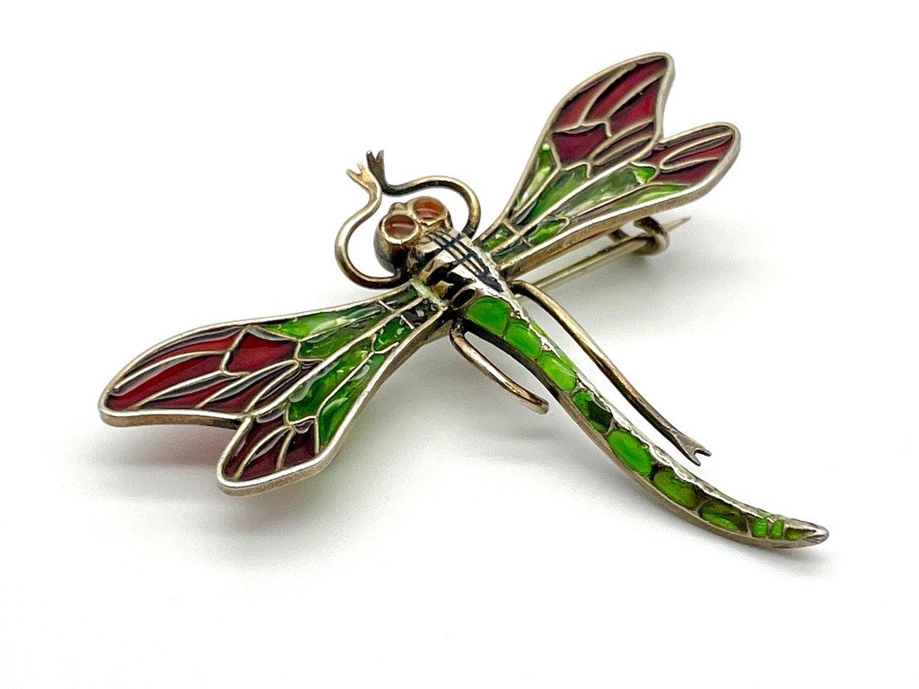 Beautiful Dragonfly Brooch Art Nouveau From The 1900s Enamel Plique à Jour On Silver-photo-2