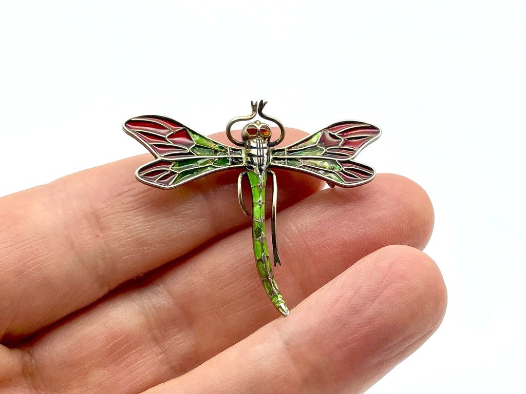Beautiful Dragonfly Brooch Art Nouveau From The 1900s Enamel Plique à Jour On Silver-photo-3