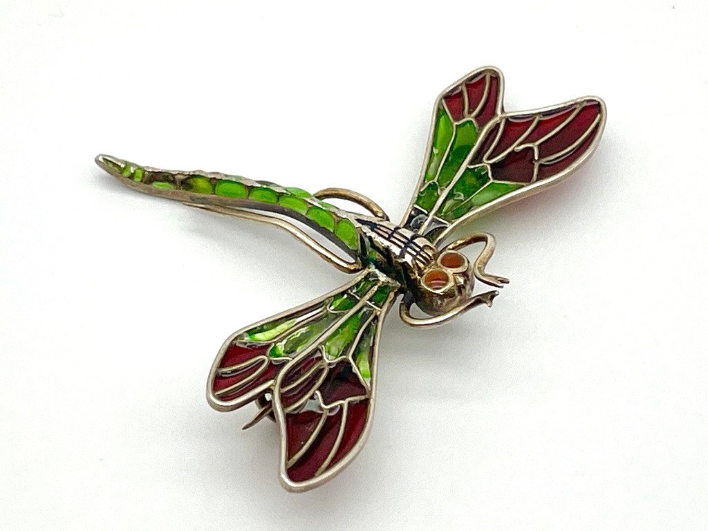 Beautiful Dragonfly Brooch Art Nouveau From The 1900s Enamel Plique à Jour On Silver