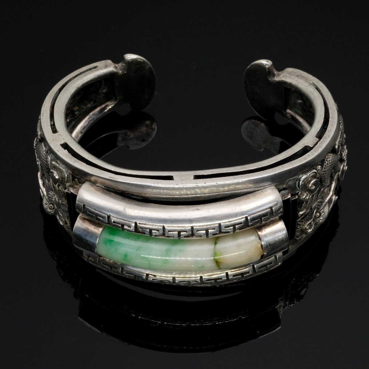 Early 20th Century Chinese Cuff Bracelet, Silver And Jadeite Bangle-photo-2