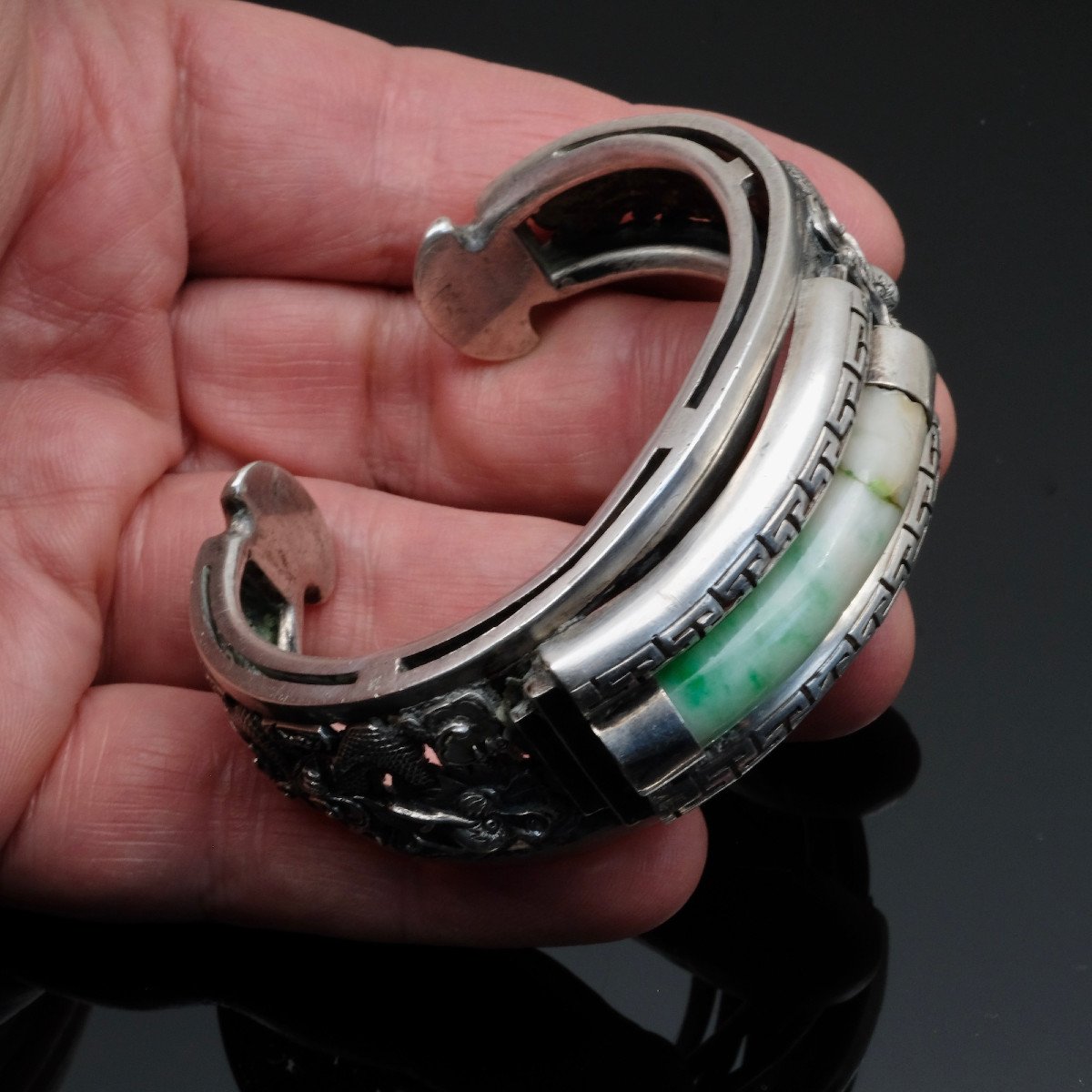 Early 20th Century Chinese Cuff Bracelet, Silver And Jadeite Bangle-photo-3