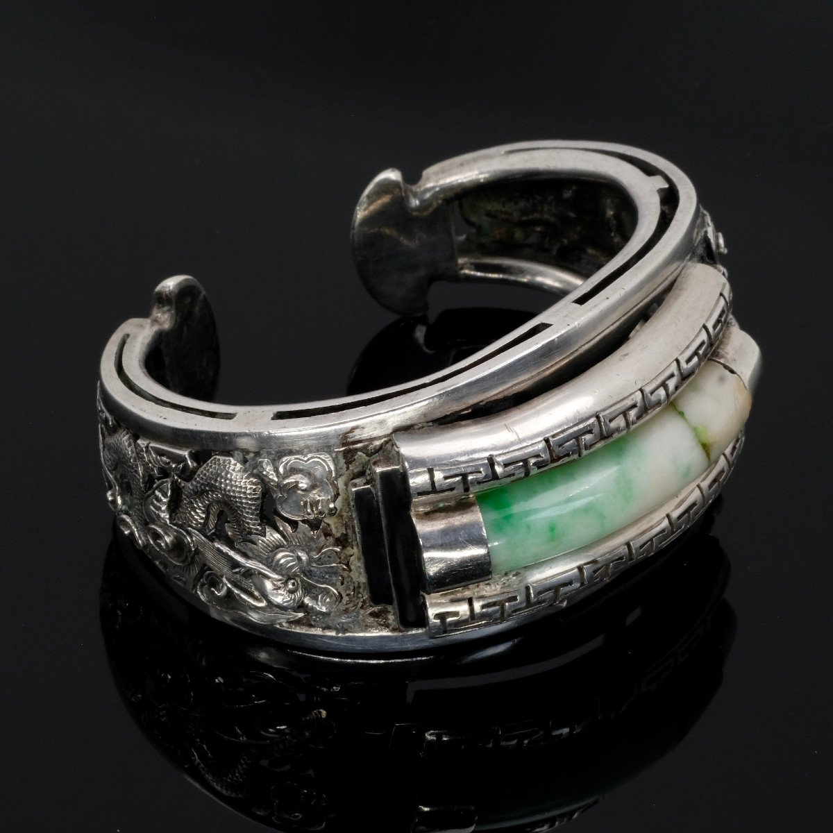 Early 20th Century Chinese Cuff Bracelet, Silver And Jadeite Bangle-photo-4