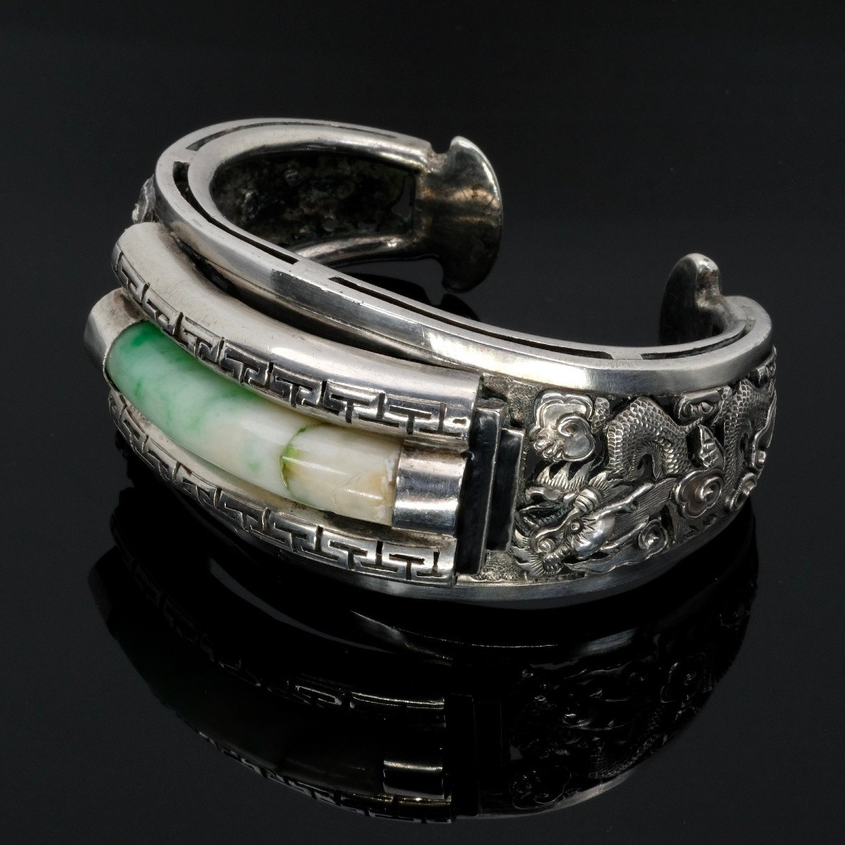 Early 20th Century Chinese Cuff Bracelet, Silver And Jadeite Bangle-photo-1