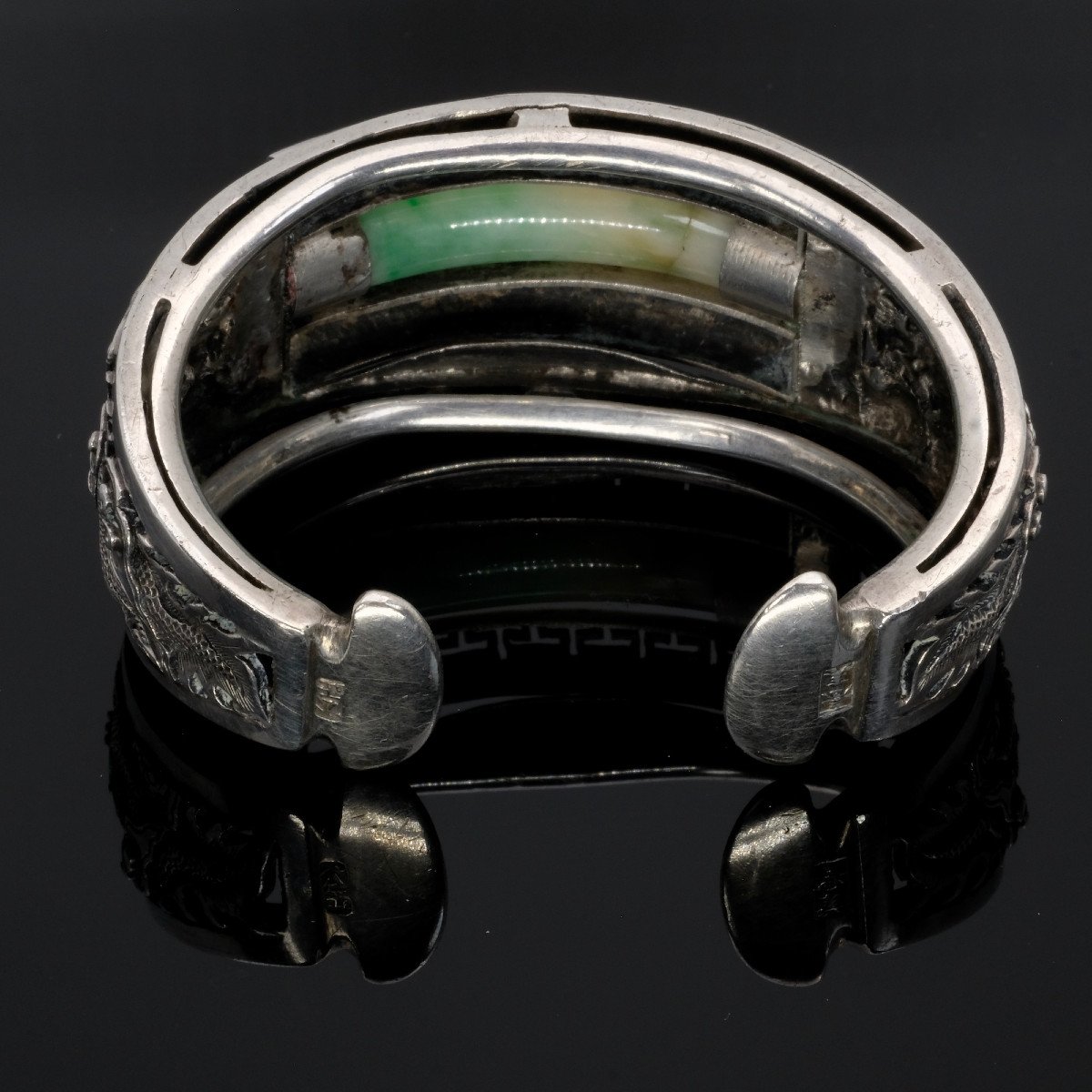 Early 20th Century Chinese Cuff Bracelet, Silver And Jadeite Bangle-photo-2