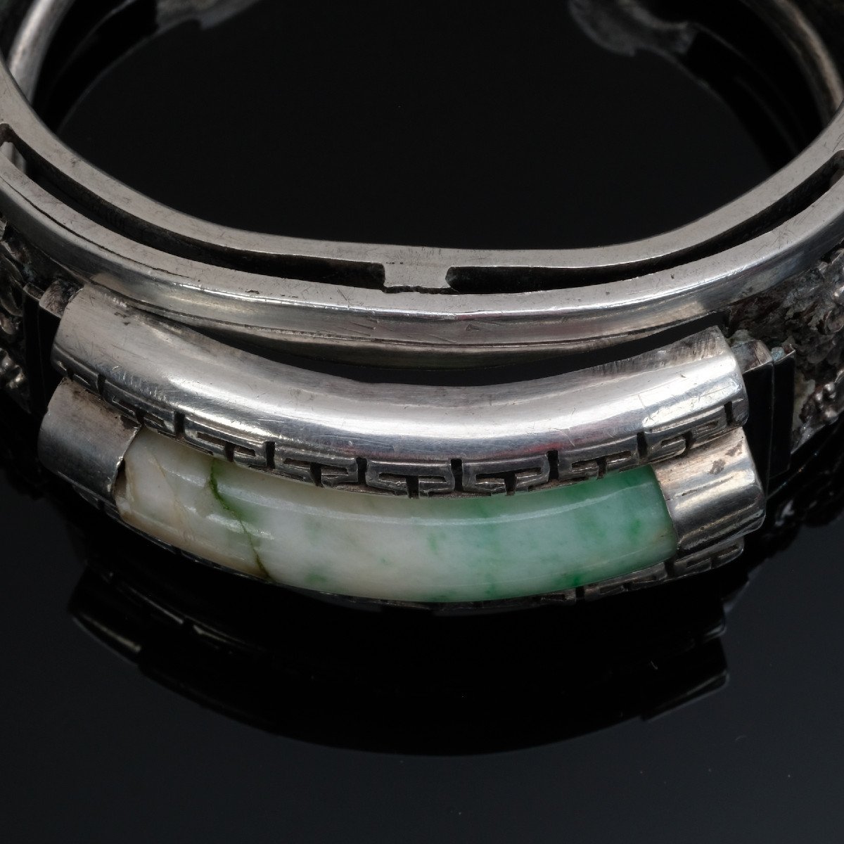 Early 20th Century Chinese Cuff Bracelet, Silver And Jadeite Bangle-photo-3