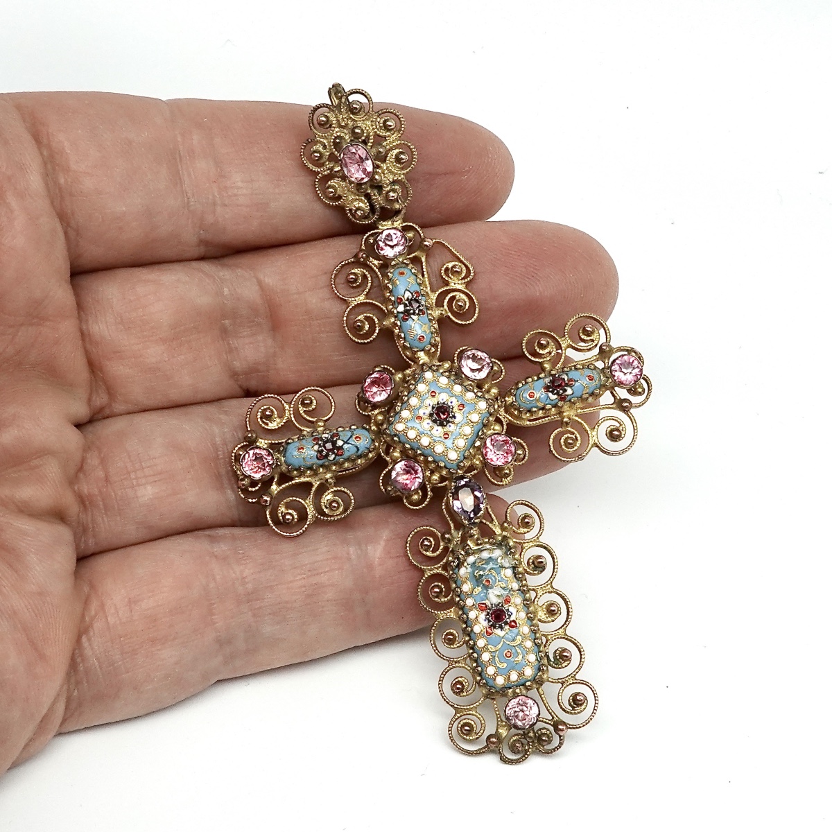 Croix pendentif 19&egrave;me Emaux Bressans et Cristaux sur Paillons Color&eacute;s-photo-2