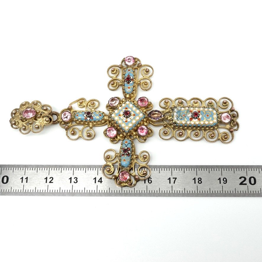Large Cross Pendant 19th Century In Bressans Enamels And Crystals On Colored Straws-photo-5