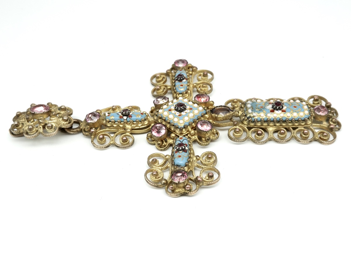 Croix pendentif 19&egrave;me Emaux Bressans et Cristaux sur Paillons Color&eacute;s-photo-4