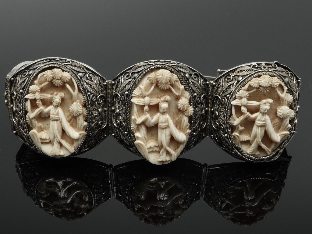 Chinese Bracelet Early 20th Century, In Silver Filigree And Canton Carved Motifs-photo-3