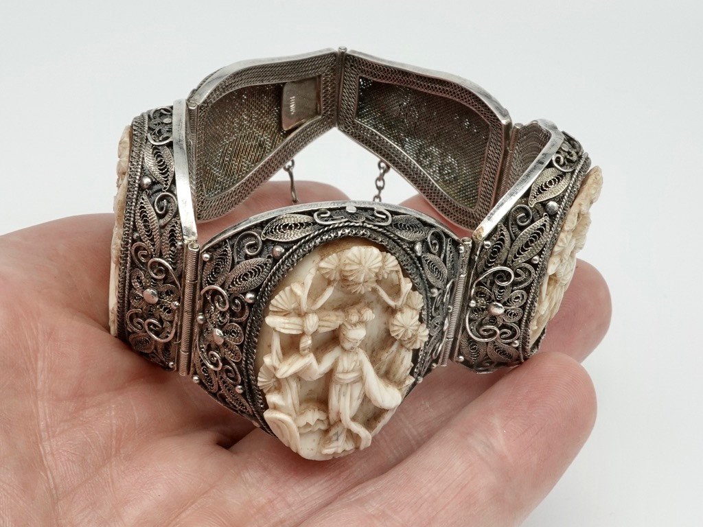 Chinese Bracelet Early 20th Century, In Silver Filigree And Canton Carved Motifs-photo-4