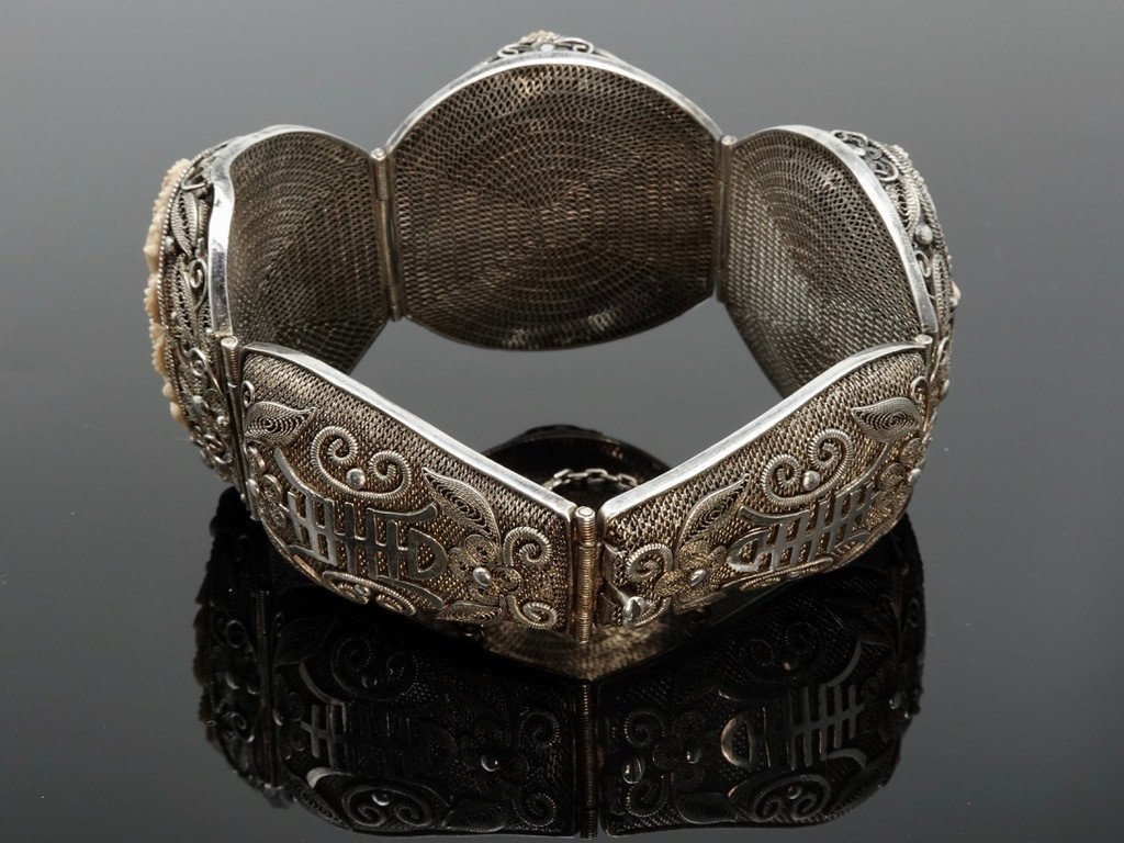 Chinese Bracelet Early 20th Century, In Silver Filigree And Canton Carved Motifs-photo-2