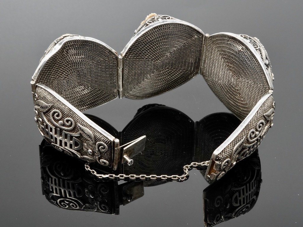 Chinese Bracelet Early 20th Century, In Silver Filigree And Canton Carved Motifs-photo-5