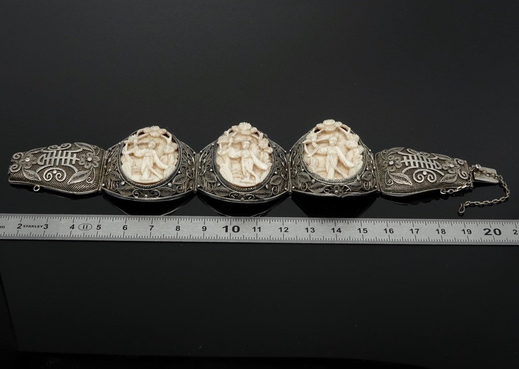 Chinese Bracelet Early 20th Century, In Silver Filigree And Canton Carved Motifs-photo-7