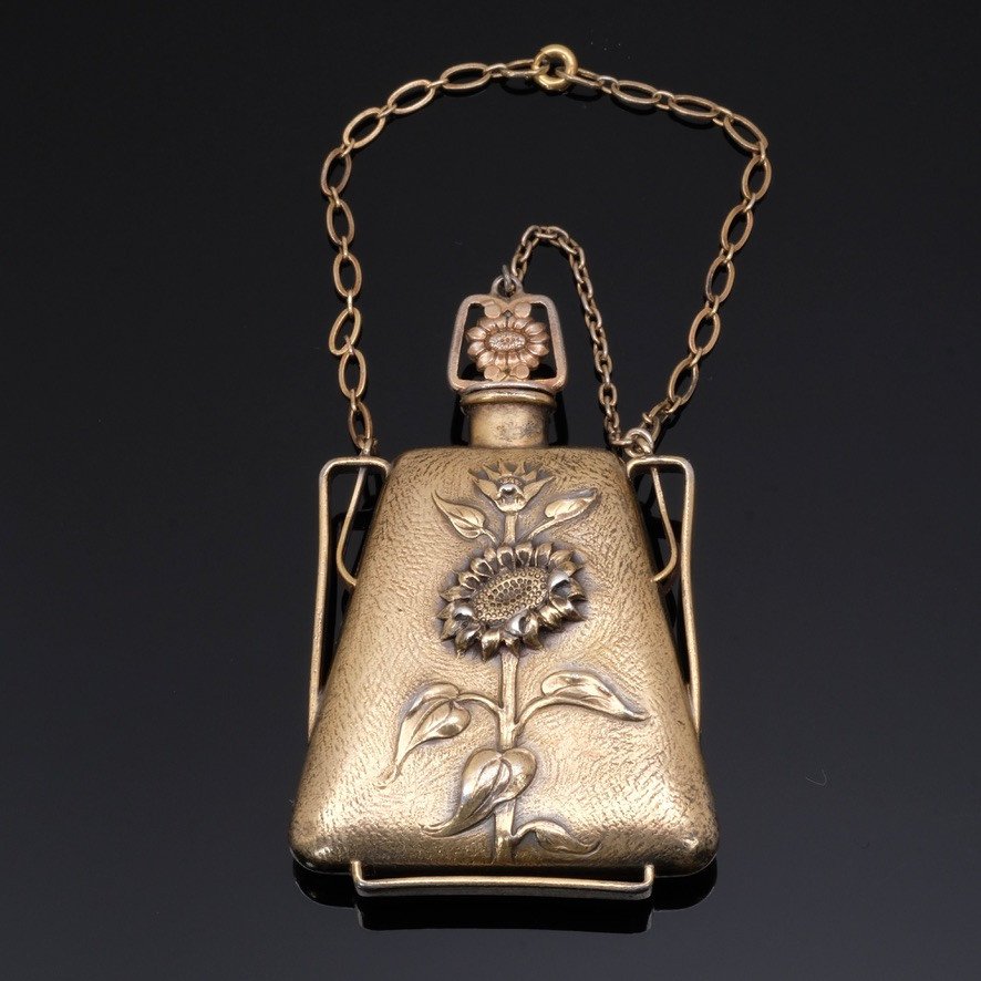 Camille Gueyton Art Nouveau Perfume Bottle Pendant In Vermeil Decorated With Sunflowers