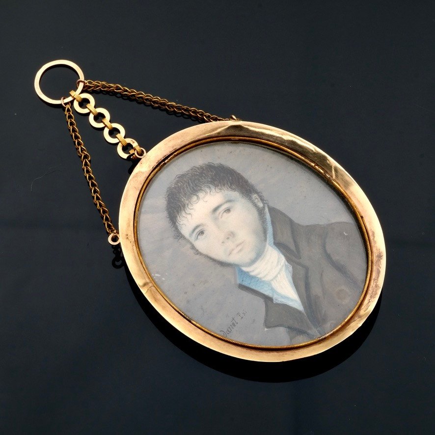 Miniature Medallion Pendant Empire Period Gold Mount With Chains-photo-2