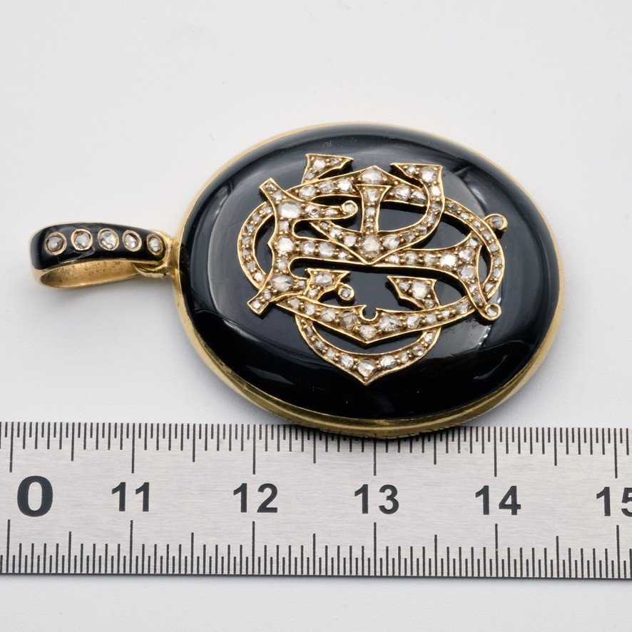 Pendentif Porte Photo Napoléon III Or émail Noir Initiales Diamants-photo-3