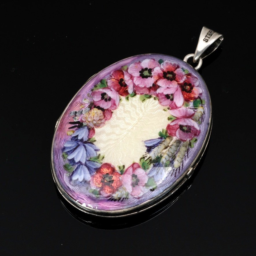Grand Médaillon Porte Photos Argent émaillé De Fleurs, Début 20ème
