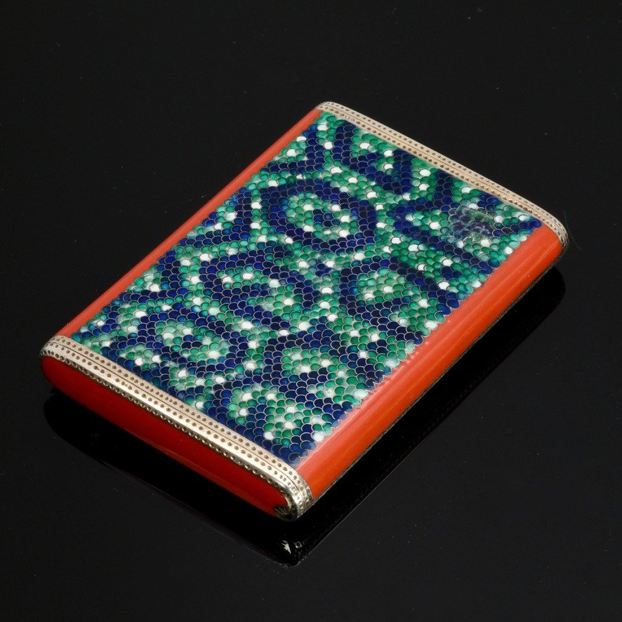 Enameled Box In Vermeil Art Deco Period, Louis Kuppenheim Reptile Skin Decor -photo-3